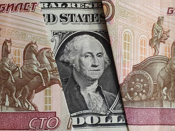 Acercamiento Billete Americano Dólar Los Billetes Rusos — Foto de Stock