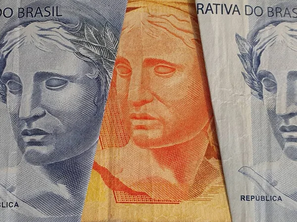 Aproximação Das Notas Banco Brasileiras Diferentes Denominações Fundo Textura — Fotografia de Stock