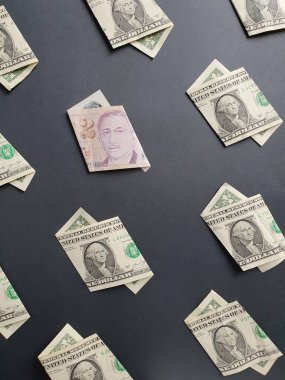 Bir dolarlık Amerikan banknotları ve siyah arka planda iki dolarlık Singapur banknotları.