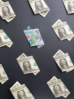 Amerika 'nın bir dolarlık banknotları ve Yeni Zelanda banknotları siyah arka planda on dolar.