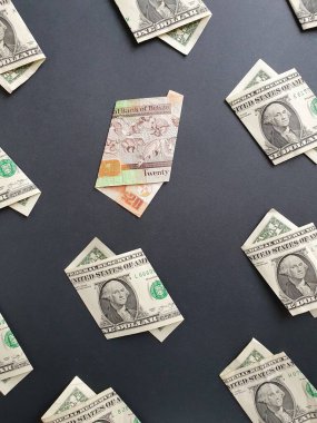 Bir dolarlık Amerikan banknotları ve siyah arka planda 20 dolarlık Belizean banknotları.