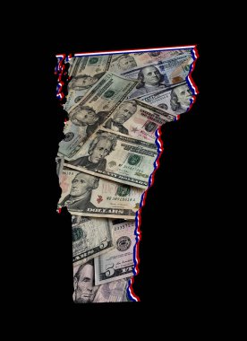 Amerikan doları banknotları oluşturuluyor ve Vermont State haritası ve siyah arkaplan