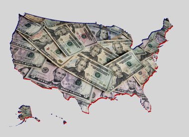 Amerika Birleşik Devletleri haritası ve beyaz arkaplan oluşturan Amerikan doları banknotları