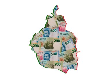 Meksika banknotları oluşuyor ve Mexico City haritası ve beyaz arkaplan
