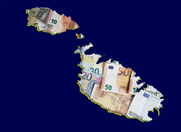 Tworzenie Się Banknotów Europejskich Oraz Mapa Malty Niebieskiego Tła — Zdjęcie stockowe