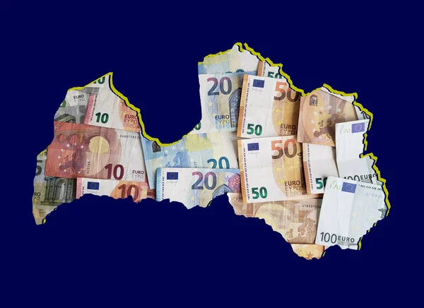 Avrupa banknotları oluşturma ve Letonya haritası ve mavi arkaplan