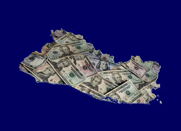 Amerykańskie Banknoty Dolarowe Tworzące Mapa Salwadoru Niebieskie Tło — Zdjęcie stockowe