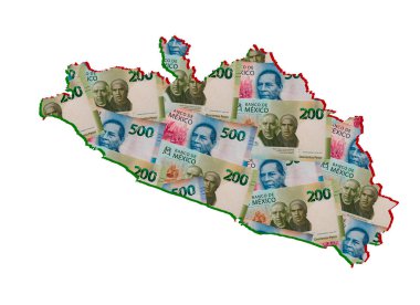 Meksika banknotları oluşturuluyor ve Guerrero State haritası ve beyaz arkaplan