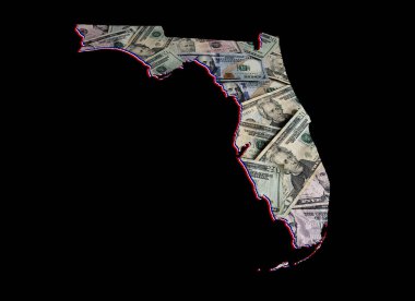 Amerikan doları banknotlarının oluşumu ve Florida Eyaleti haritası ve siyah arkaplan
