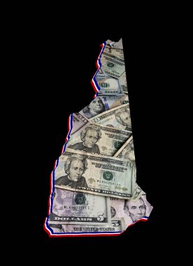 Amerikan Doları banknotları oluşuyor ve New Hampshire Eyaleti haritası ve siyah arkaplan
