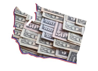 Amerikan doları banknotları oluşuyor ve Washington State haritası ve beyaz arka plan