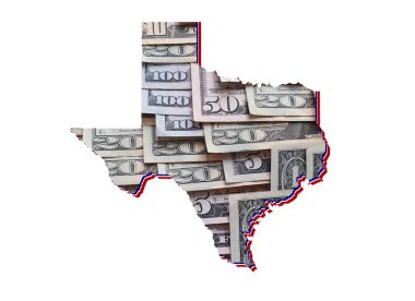 Amerikan Doları banknotları oluşuyor ve Teksas Eyaleti haritası ve beyaz arka plan