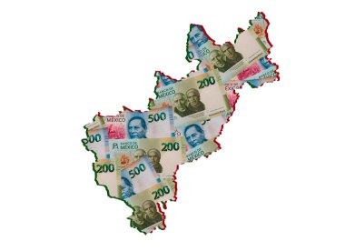 Meksika banknotları oluşumu ve Queretaro Eyaleti haritası ve beyaz arkaplan