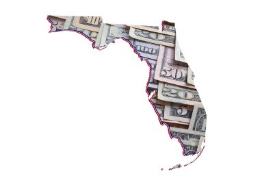 Amerikan doları banknotları oluşuyor ve Florida Eyaleti haritası ve beyaz arkaplan