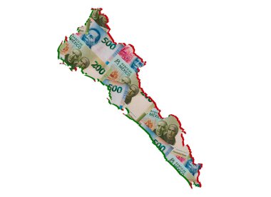 Meksika banknotlarının oluşumu ve Sinaloa Eyaleti ve beyaz arkaplan haritası