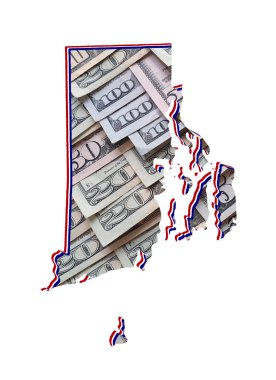 Amerikan doları banknotlarının oluşumu ve Rhode Island State haritası ve beyaz arka plan
