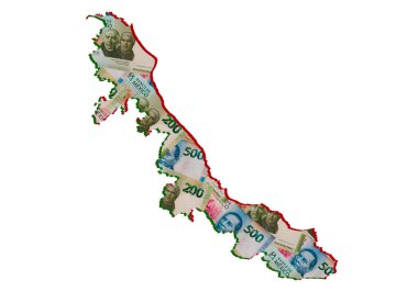 Meksika banknotları oluşturuluyor ve Veracruz Eyaleti haritası ve beyaz arkaplan