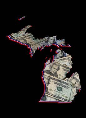 Amerikan doları banknotlarının oluşumu ve Michigan Eyaleti haritası ve siyah arkaplan