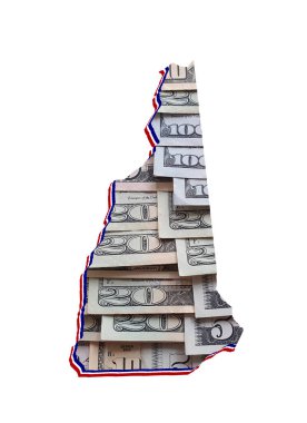 Amerikan dolarları banknotlar oluşturma ve New Hampshire State haritası ve beyaz arka plan