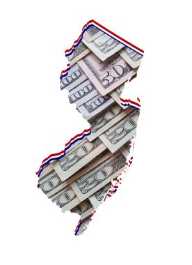 Amerikan doları banknotları oluşuyor ve New Jersey eyaleti haritası ve beyaz arka plan