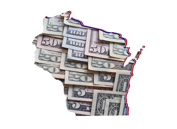 Amerikan doları banknotları oluşuyor ve Wisconsin Eyaleti haritası ve beyaz arka plan
