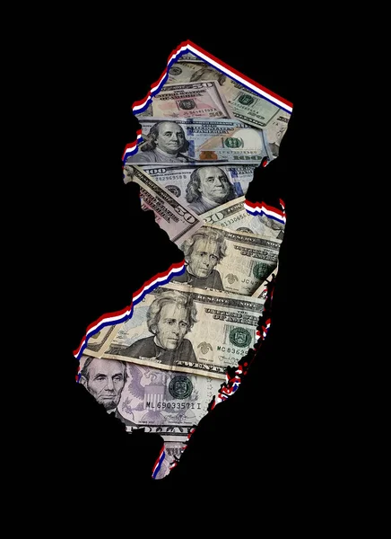 美元钞票的形成和新泽西州的地图及黑色背景 — 图库照片