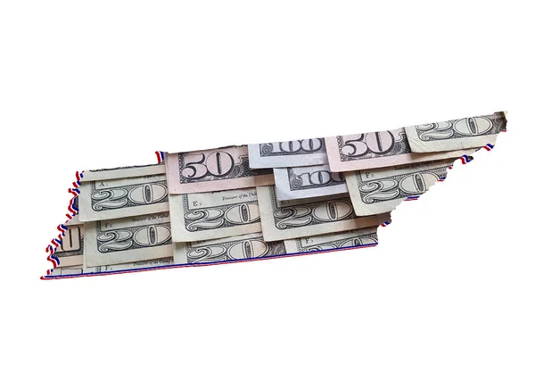 Amerikan doları banknotları oluşuyor ve Tennessee Eyaleti haritası ve beyaz arkaplan