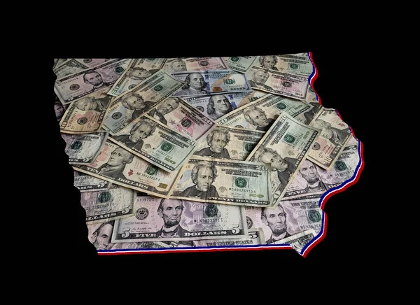 アメリカドル紙幣の形成とアイオワ州と黒人の背景の地図 — ストック写真