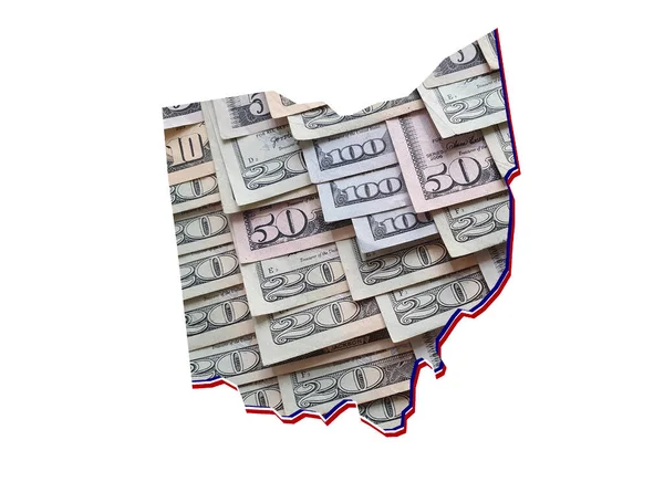Amerikan doları banknotları oluşuyor ve Ohio Eyaleti haritası ve beyaz arkaplan