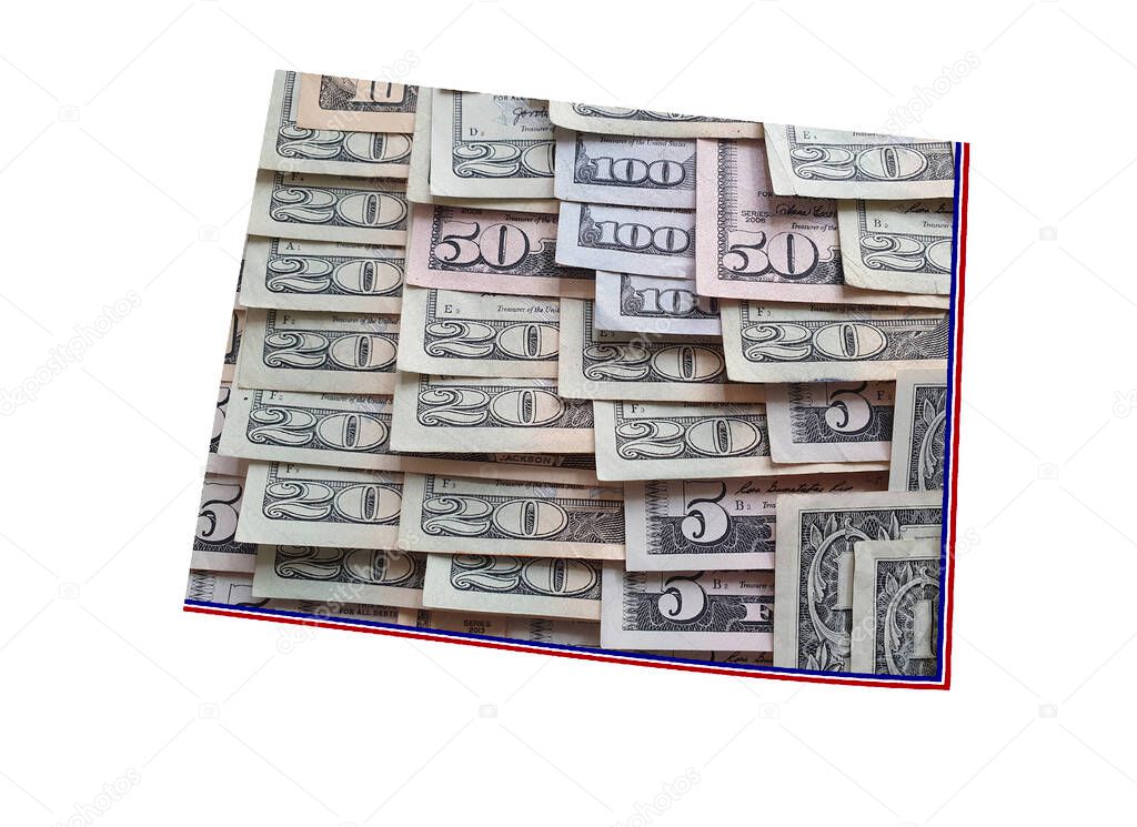 american dollar banknotes forming and the map of Wyoming State and white background