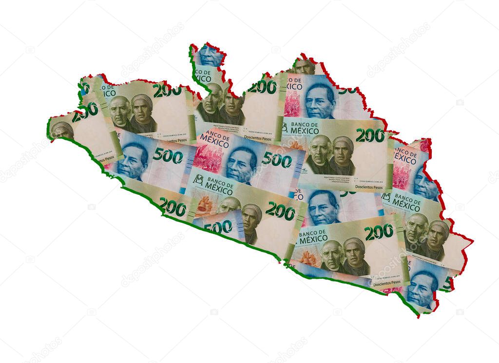 mexican banknotes forming and the map of Guerrero State and white background