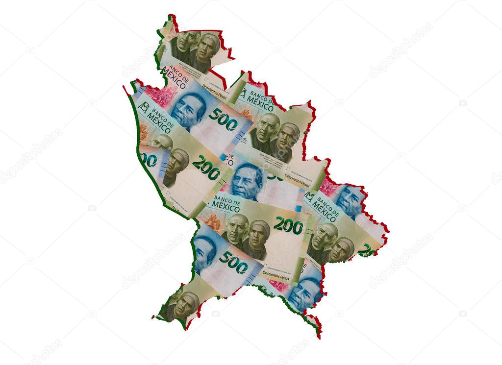 mexican banknotes forming and the map of Nayarit State and white background