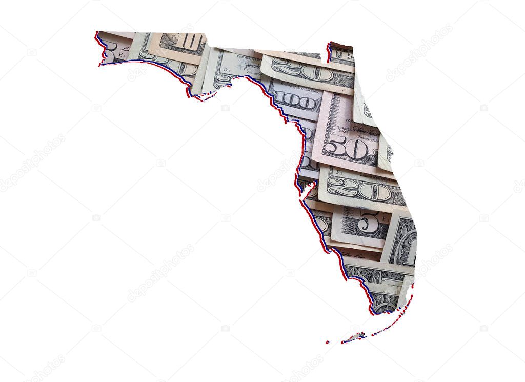 american dollar banknotes forming and the map of Florida State and white background