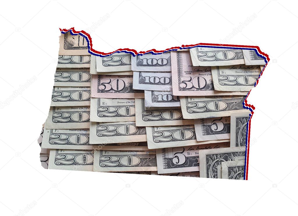 american dollar banknotes forming and the map of Oregon State and white background