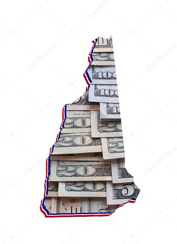 american dollar banknotes forming and the map of New Hampshire State and white background