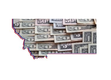 Amerikan doları banknotları oluşuyor ve Montana Eyaleti haritası ve beyaz arkaplan