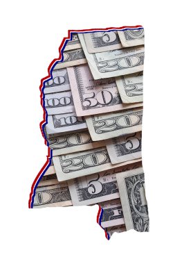 Amerikan doları banknotları oluşuyor ve Mississippi Eyaleti haritası ve beyaz arka plan