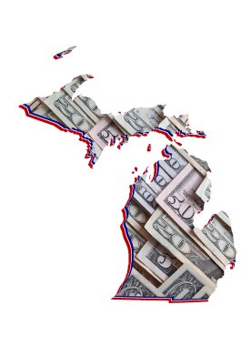 Amerikan Doları banknotları oluşuyor ve Michigan Eyaleti haritası ve beyaz arkaplan