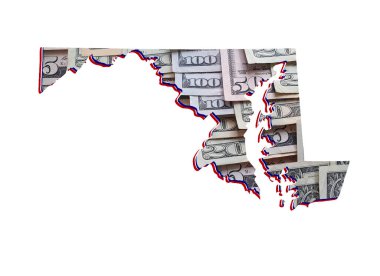 Amerikan doları banknotları oluşuyor ve Maryland State haritası ve beyaz arka plan