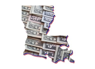 Amerikan doları banknotları oluşuyor ve Louisiana Eyaleti haritası ve beyaz arka plan