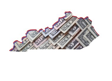 Amerikan doları banknotları oluşuyor ve Kentucky State haritası ve beyaz arka plan