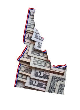 Amerikan doları banknotları oluşuyor ve Idaho Eyaleti haritası ve beyaz arka plan