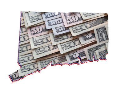 Amerikan doları banknotları oluşuyor ve Connecticut Eyaleti haritası ve beyaz arka plan