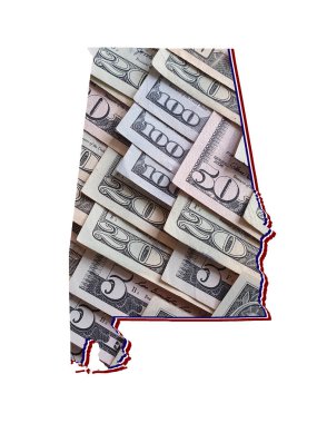 Amerikan doları banknotları oluşuyor ve Alabama Eyaleti haritası ve beyaz arkaplan