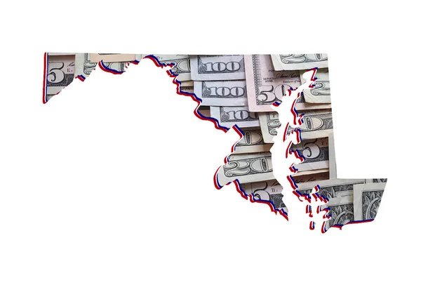 Tvorba Bankovek Amerických Dolarech Mapa Státu Maryland Bílé Pozadí — Stock fotografie