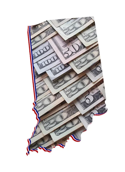 Amerikan doları banknotları oluşuyor ve Indiana State haritası ve beyaz arkaplan
