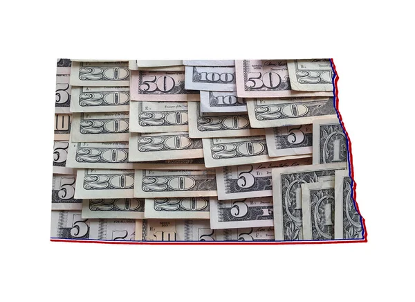 ノースダコタ州と白人の背景の地図と形成された米ドル紙幣 — ストック写真