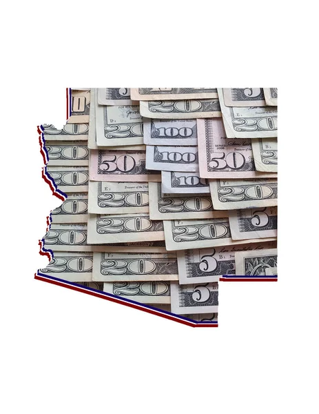 Amerikan doları banknotları oluşuyor ve Arizona State haritası ve beyaz arka plan