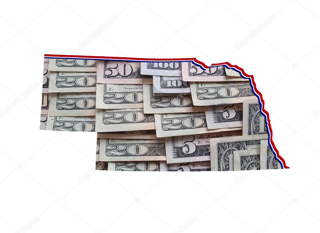 american dollar banknotes forming and the map of Nebraska State and white background