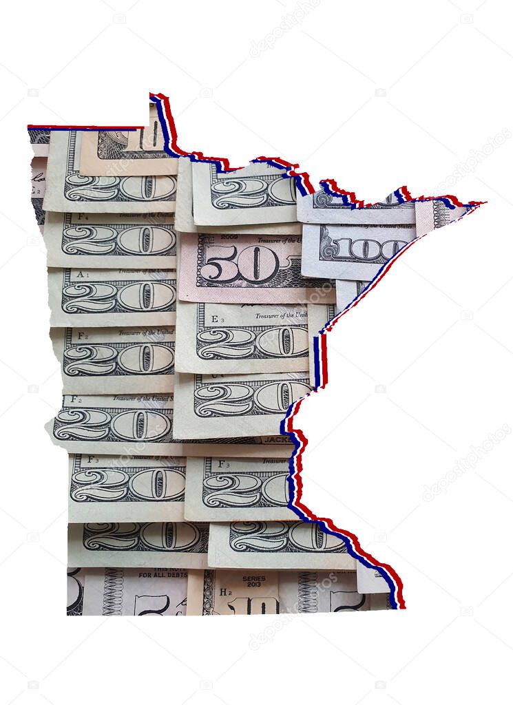 american dollar banknotes forming and the map of Minnesota State and white background